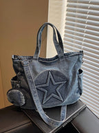 Vintage Washed Denim Tote Bag with Star Detail