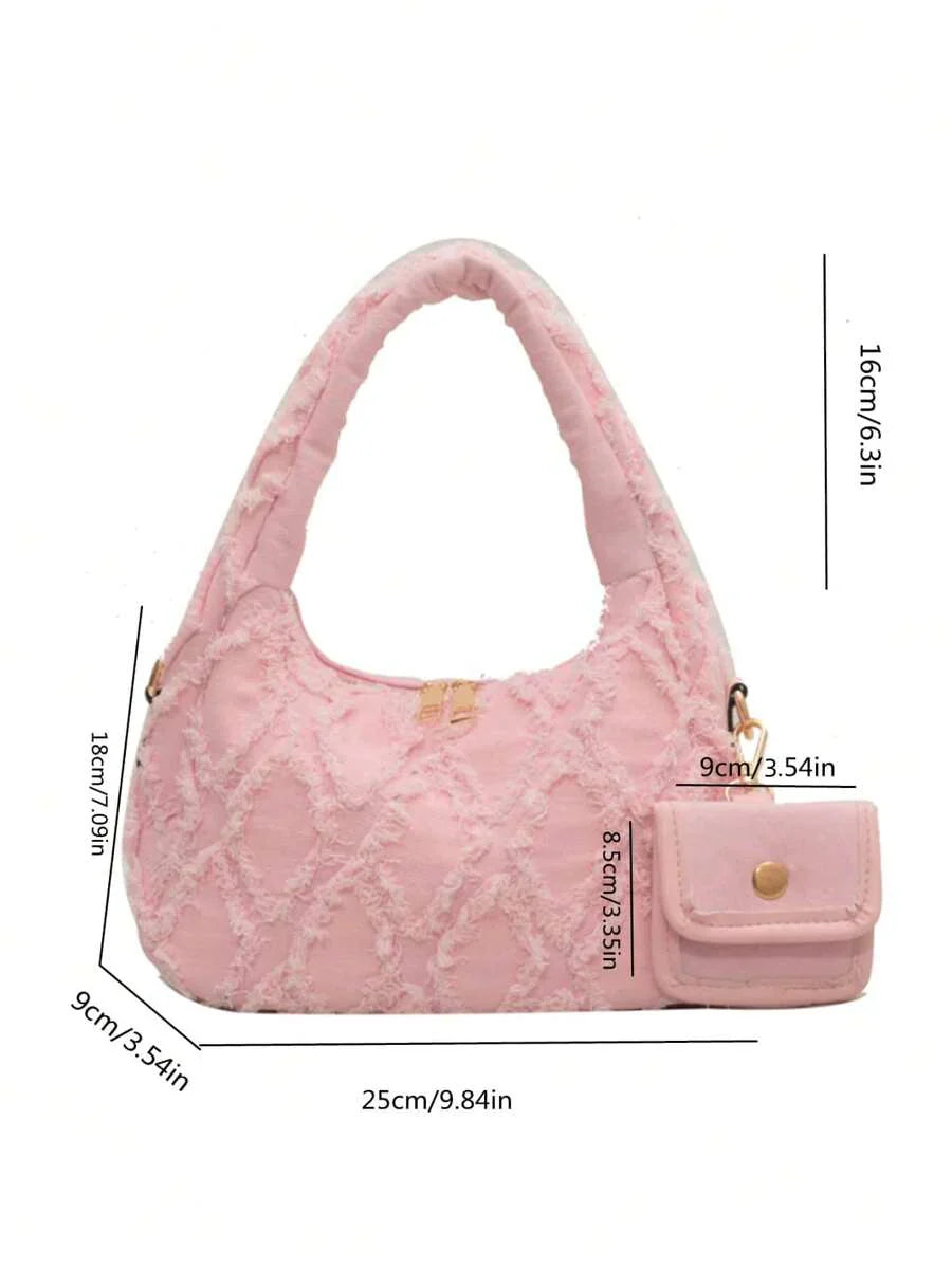 dimension sac a main rose style brodee et efilochee chou avec petite sacoche 
