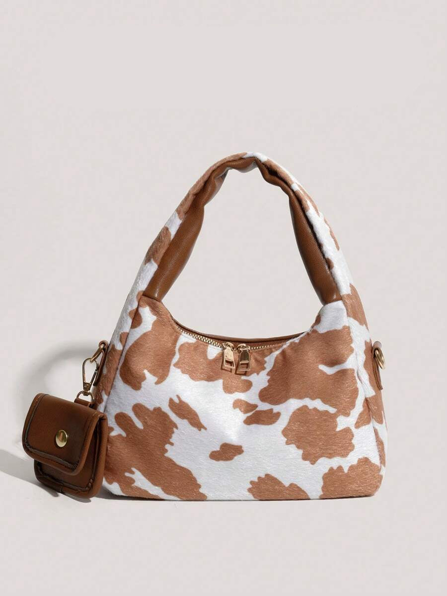 sac a main style tache marron et blanc style animale avec petite sacoche de face 