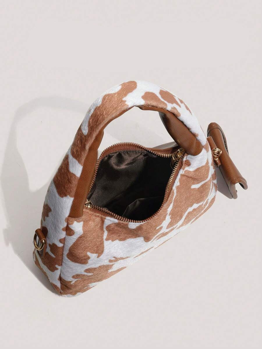 sac a main style tache marron et blanc style animale avec petite sacoche ouverture taille fermeture eclair