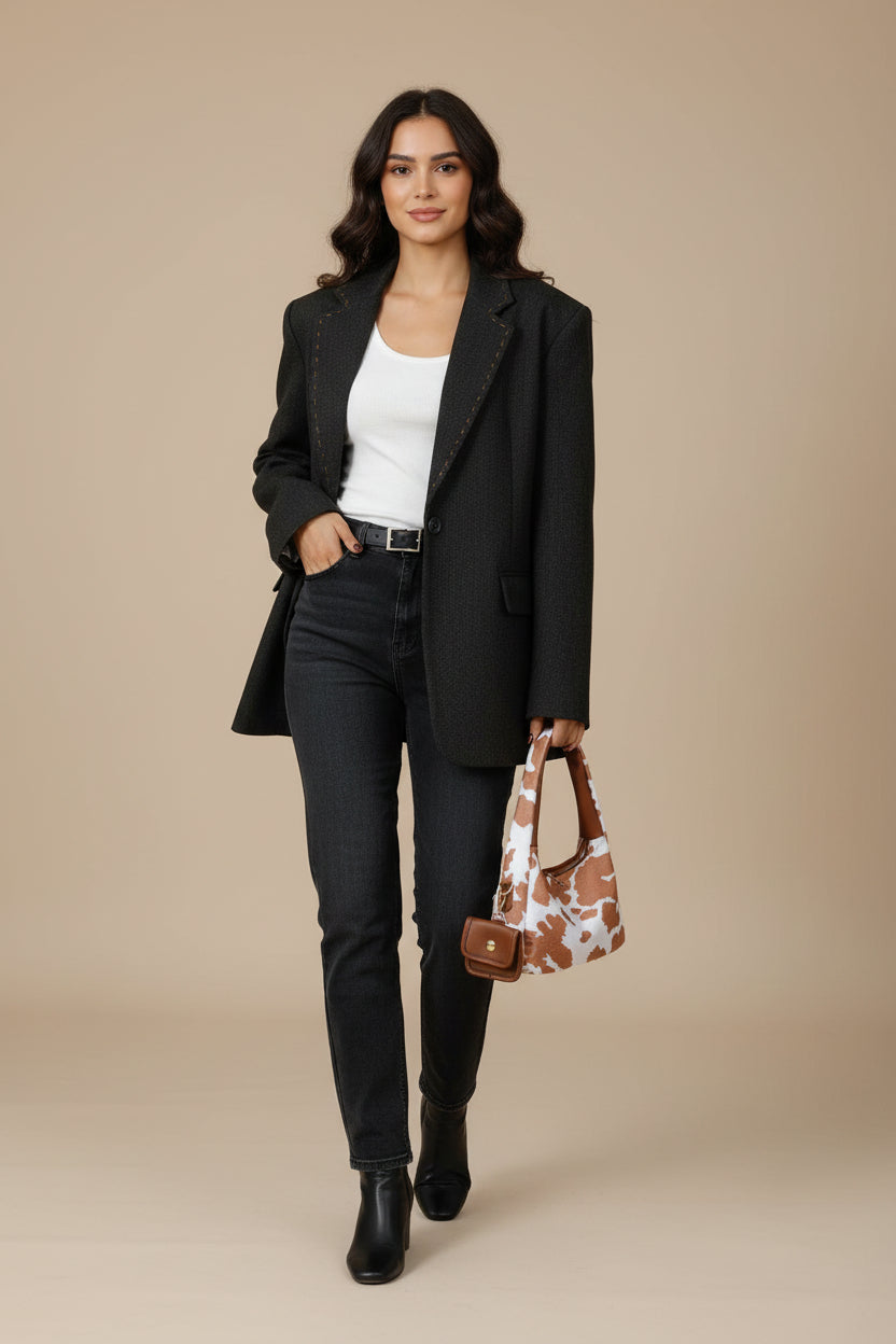 sac a main style tache marron et blanc style animale avec petite sacoche  portee deux mains