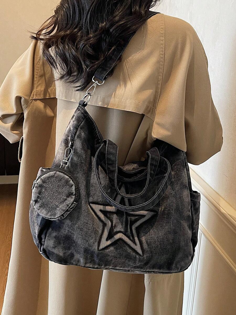 sac cabas en jeans noir pour femme porte de derriere